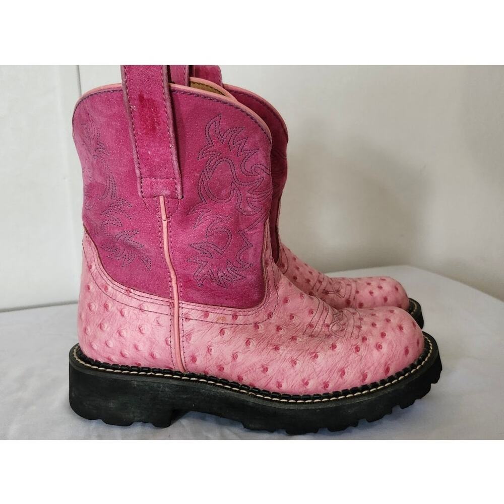 Ariat Fatbaby Pink Ostrich Print Leather Hot Pink Suede Western Boots 6 B